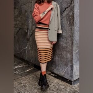 UNIQLO X MARNI Midi Stripes Skirt Orange Brown Size S Mix Of Wool Stretch